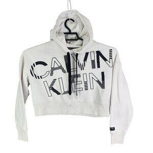 Womens Calvin Klein Crop Hoodie Sweatshirt Black & White Print Long Sleeve S